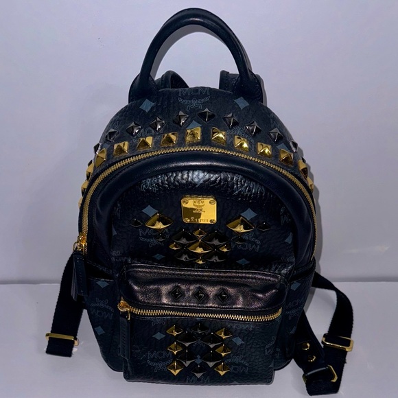 MCM Visetos Studded Colorblock Small Stark Brock Backpack Black - Picture 2 of 14